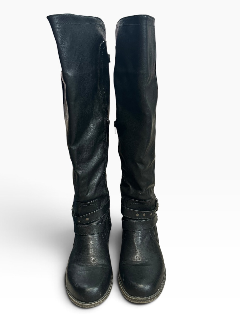 JustFab Black Knee High Studded Strap Boots